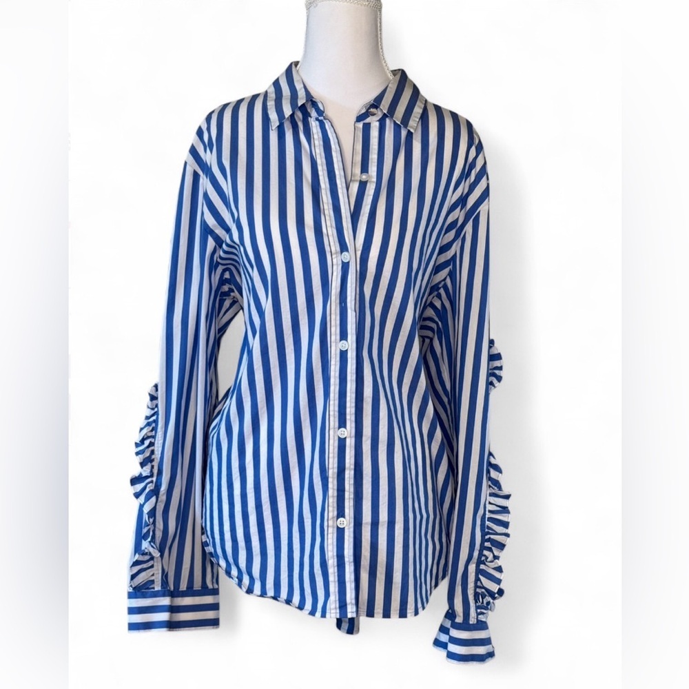 DKNY Blue White Striped Ruffle Sleeve Button Down Shirt XL